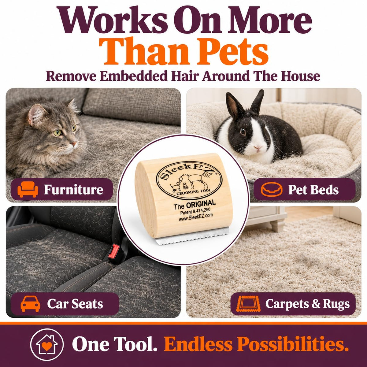 SleekEZ Cat Brush for Shedding - Deshedding Brush for Cats - Patented Grooming Tool for Removing Loose Fur, Undercoat & Hair - Made in USA - Works on Short, Medium & Long Coats
