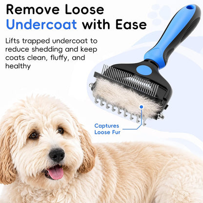 3-in-1 Professional Pet Grooming Brush for Dogs & Cats – Dematting Comb, Undercoat Rake & Deshedding Tool for Long & Short Hair, Heavy Shedding & Matted Fur (Blue)