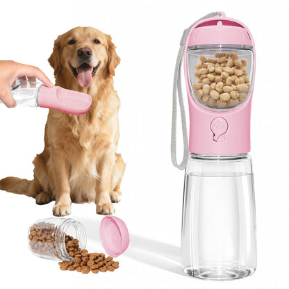 Portable Dog Water Bottle with Food Container, Pink, 12oz