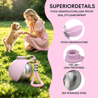 2in1 Portable Dog Water Bottle Portable,10oz Stainless Steel Leak Proof Pet Water Bottle Portable Dog Water Bottle Silicone Bowl,Outdoor Travel Water Bottle for Dogs Walking Hiking Camping, Pink