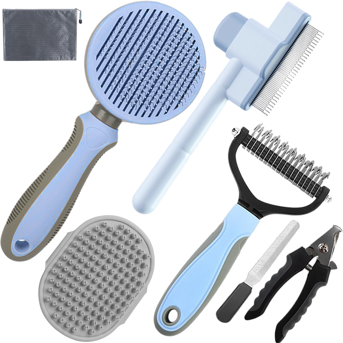 Pet Grooming Kit - 7 PCS Green Deshedding Brush Set with Undercoat Rake, Slicker Brush, Bath Brush & Nail Clipper for Short & Long-Haired Dogs and Cats