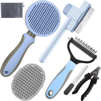 Pet Grooming Kit - 7 PCS Green Deshedding Brush Set with Undercoat Rake, Slicker Brush, Bath Brush & Nail Clipper for Short & Long-Haired Dogs and Cats