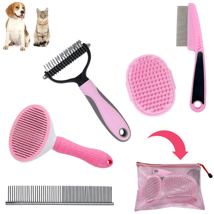 Dog Brush Grooming Kit 5PCS - Dog Brush for Shedding,Puppy Brush and Flea Comb for Dogs, Slicker Brush Comb and Dog Hair Brush Set Blue, Grooming at Home or Travel