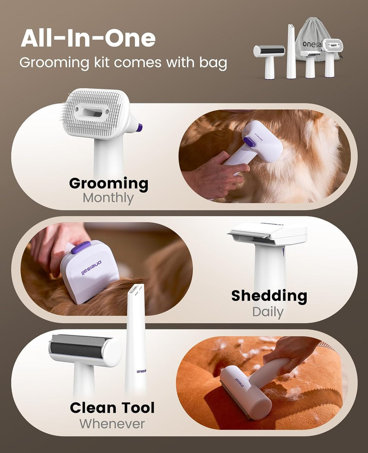 oneisall Dog Hair Vacuum Shedding Grooming Brush Kits for Pet Thick Coats