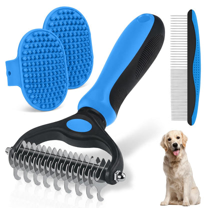 Pet Grooming Rake for Dogs and Cats - Double-Sided Deshedding Dematting Tool, 4-in-1 Undercoat Rake & Metal Comb for Long and Short Haired Pets, Reduces Shedding by 95%, 4Pack