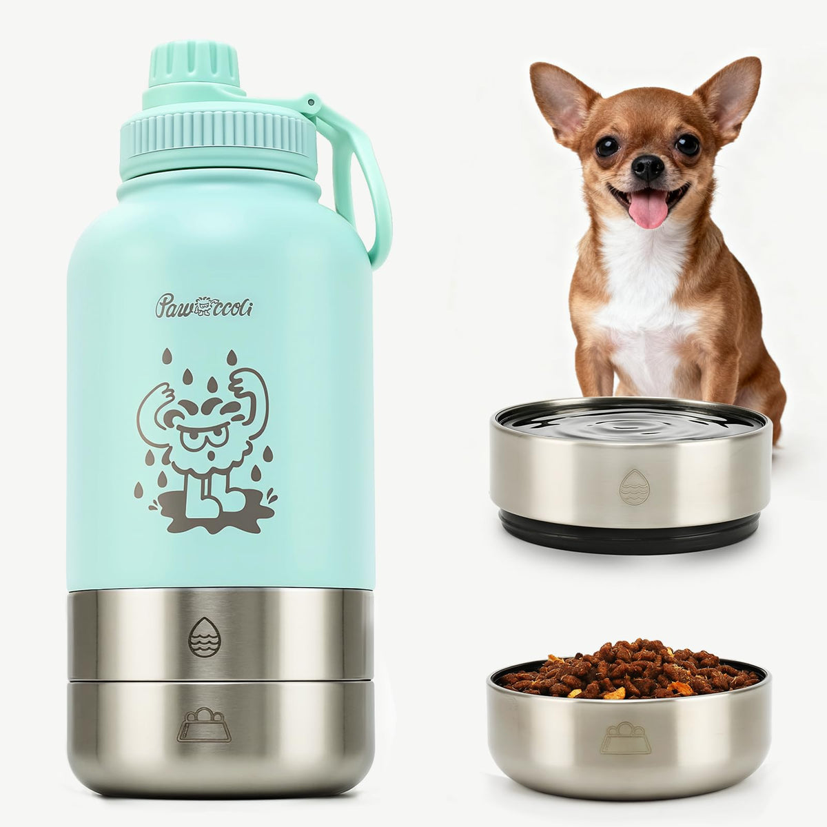 34oz Dog Water Bottle, Stainless Steel Dog Water Bottle Dispenser with Detachable Food & Water Bowls, Keeps Water Hot/Cold, for Walking, Hiking, Camping(Cream)