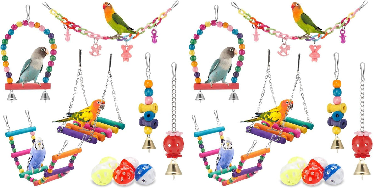 Bird Parakeet Toys - Swing Hanging Standing Chewing Hammock Climbing Ladder Bird Cage Colorful Toys Suitable for Budgerigar, Parakeet, Conure, Cockatiel, Mynah, Love Birds, Finches