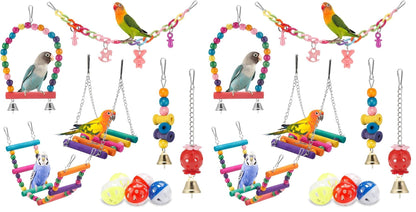 Bird Parakeet Toys - Swing Hanging Standing Chewing Hammock Climbing Ladder Bird Cage Colorful Toys Suitable for Budgerigar, Parakeet, Conure, Cockatiel, Mynah, Love Birds, Finches