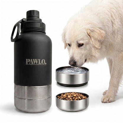 Outdoor Dog Water Bottle with 2 Stainless Steel Bowls — PAWLO 3-in-1 Portable Insulated 32oz Travel Dispenser for Hiking, Walking, Camping, Road Trips — Leakproof Dog Bowl Set with Lid (Sage Green)