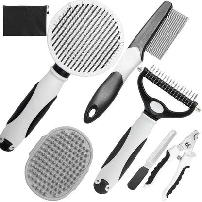 Pet Grooming Kit - 7 PCS Green Deshedding Brush Set with Undercoat Rake, Slicker Brush, Bath Brush & Nail Clipper for Short & Long-Haired Dogs and Cats