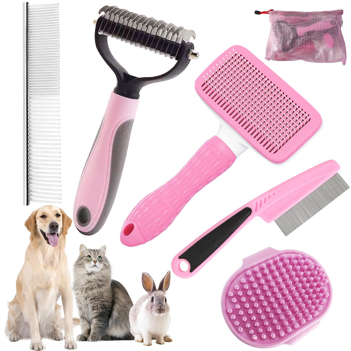 Dog Brush for Shedding,6 PCS in One Pet Slicker Hair Brush Kit Organizer Bag - Dog Cat Grooming Deshedding Undercoat Rake Brush Comb for All Small Large Dogs Cats Grey