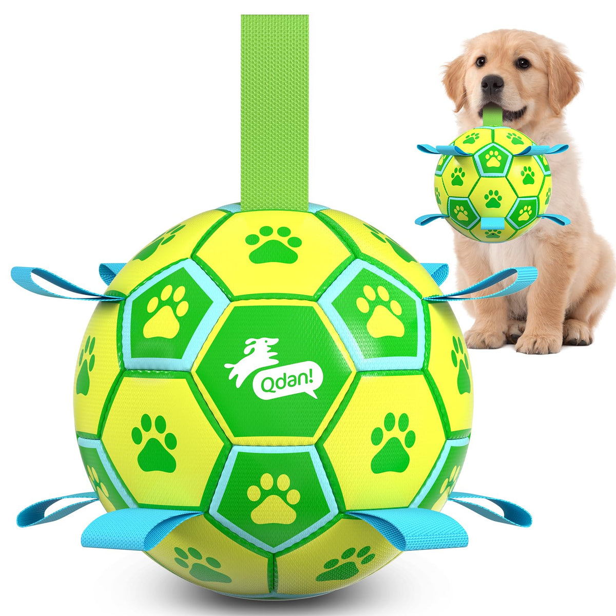 QDAN Dog Toys Dog Balls, 6 Inch Dog Soccer Ball with Straps, Herding Balls