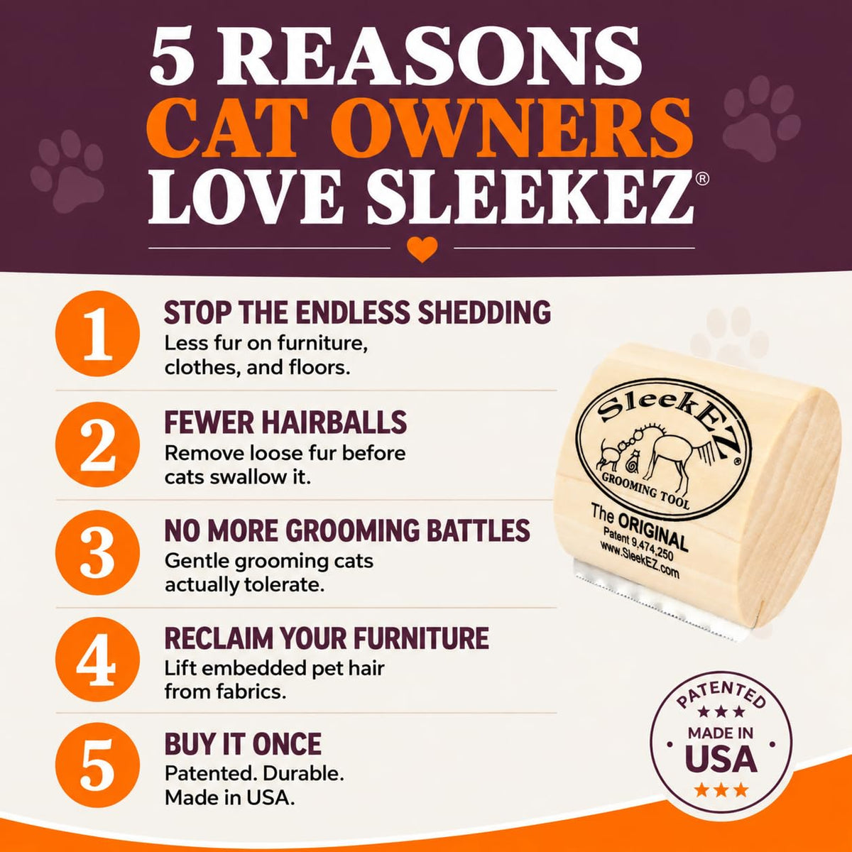 SleekEZ Cat Brush for Shedding - Deshedding Brush for Cats - Patented Grooming Tool for Removing Loose Fur, Undercoat & Hair - Made in USA - Works on Short, Medium & Long Coats