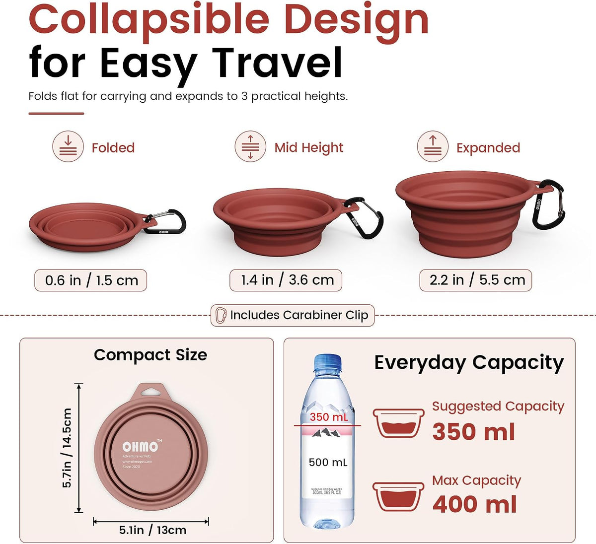 OHMO Collapsible Dog Bowls for Pet Travel, 12oz, 2pcs, Coral&Brick Red