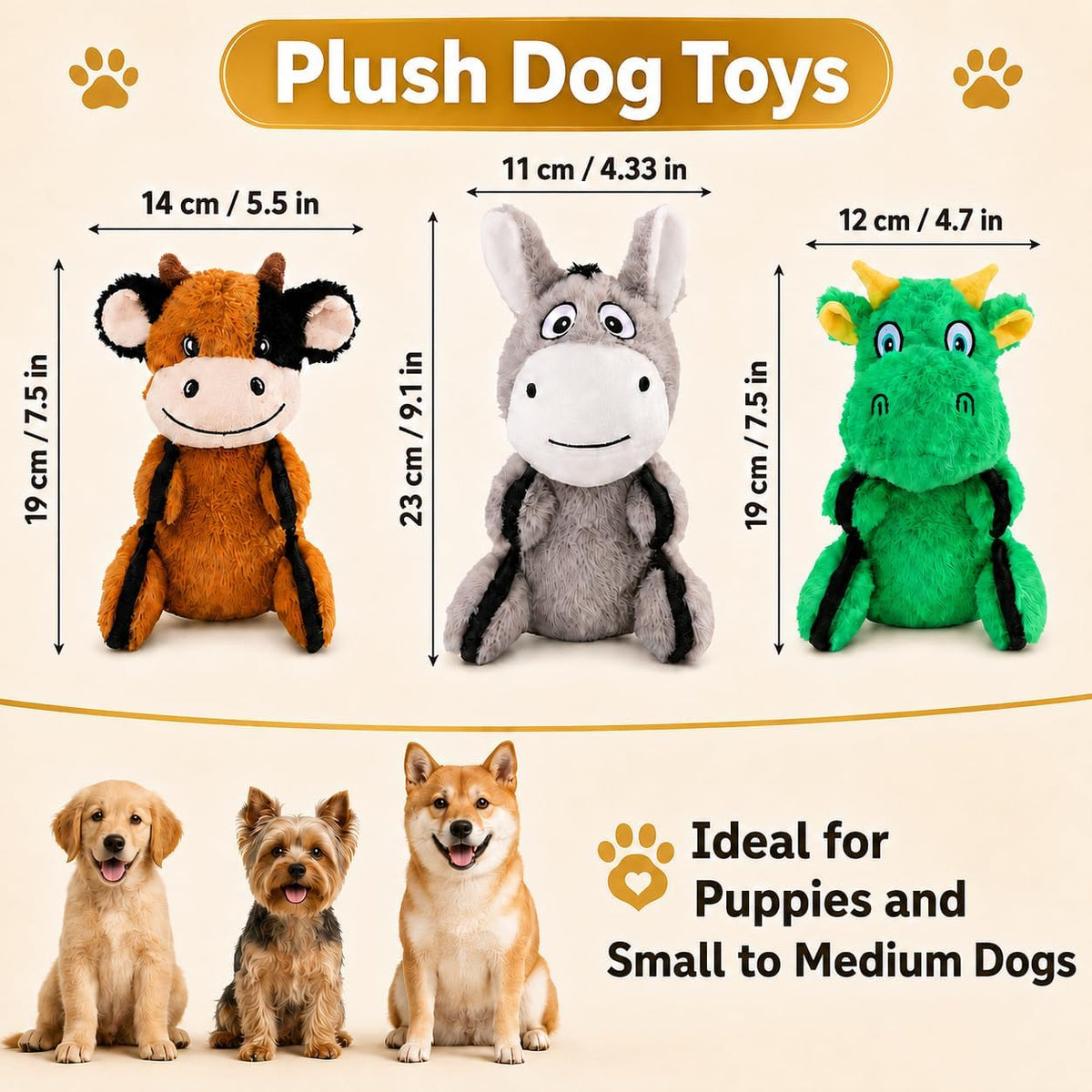 Drmstow 3-Pack Squeaky Plush Dog Toys for Small and Medium Dogs