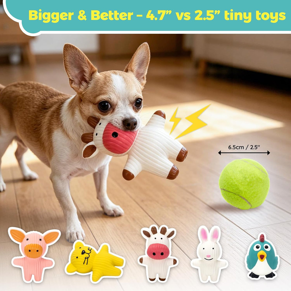LECHONG 5 Pack Latex Dog Toys for Small Dogs – Squeaky Squeeze Toys, Puppy Teething Chew Toys, Soft Rubber Pet Toys, 4.7” Cute Farm Animal Set (Cow, Rabbit, Cat, Pig, Rooster)