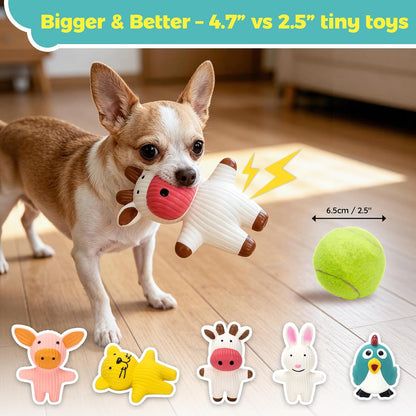 LECHONG 5 Pack Latex Dog Toys for Small Dogs – Squeaky Squeeze Toys, Puppy Teething Chew Toys, Soft Rubber Pet Toys, 4.7” Cute Farm Animal Set (Cow, Rabbit, Cat, Pig, Rooster)