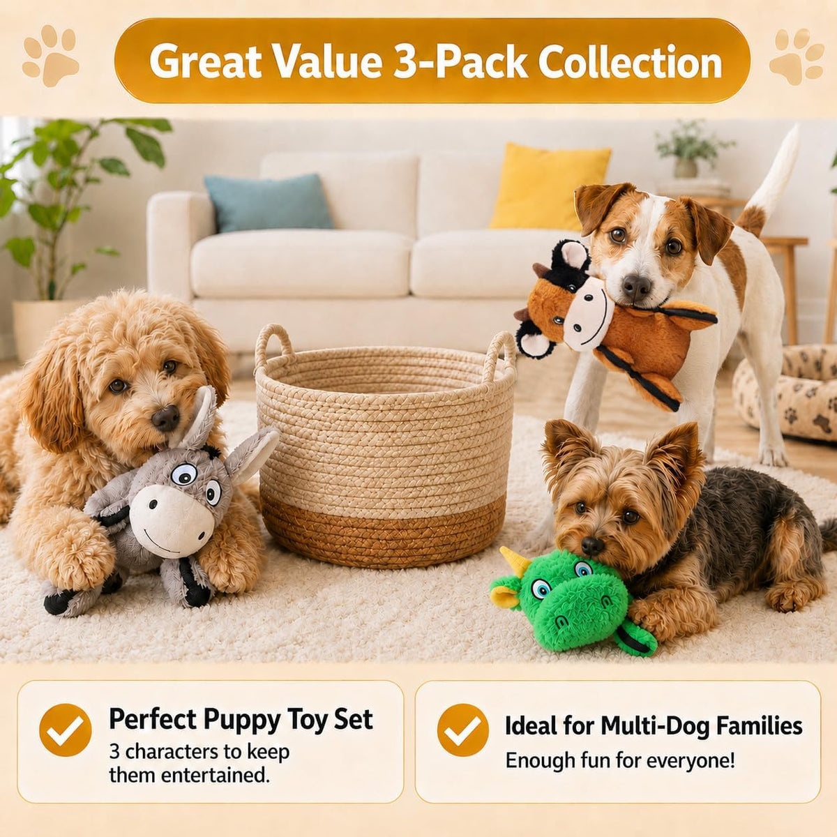 Drmstow 3-Pack Squeaky Plush Dog Toys for Small and Medium Dogs