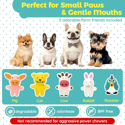 LECHONG 5 Pack Latex Dog Toys for Small Dogs – Squeaky Squeeze Toys, Puppy Teething Chew Toys, Soft Rubber Pet Toys, 4.7” Cute Farm Animal Set (Cow, Rabbit, Cat, Pig, Rooster)