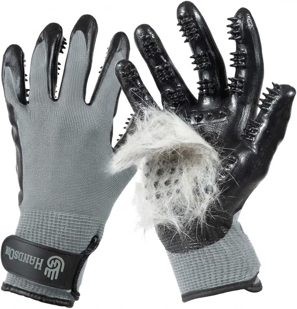 H HANDSON Pet Grooming Gloves - Patented #1 Ranked, Award Winning Shedding, Bathing, & Hair Remover Gloves - Gentle Brush for Cats, Dogs, and Horses (Grey, Medium)