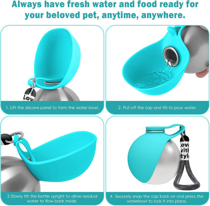 2in1 Portable Dog Water Bottle Portable,10oz Stainless Steel Leak Proof Pet Water Bottle Portable Dog Water Bottle Silicone Bowl,Outdoor Travel Water Bottle for Dogs Walking Hiking Camping, Blue