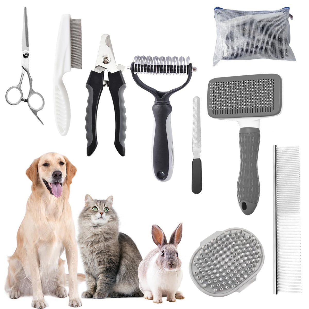 Dog Brush for Shedding,6 PCS in One Pet Slicker Hair Brush Kit Organizer Bag - Dog Cat Grooming Deshedding Undercoat Rake Brush Comb for All Small Large Dogs Cats Grey