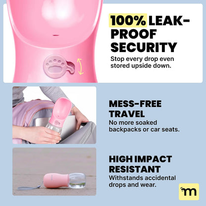 MalsiPree On the Go Dog Water Bottle - 12 oz Pink, Leak-Proof