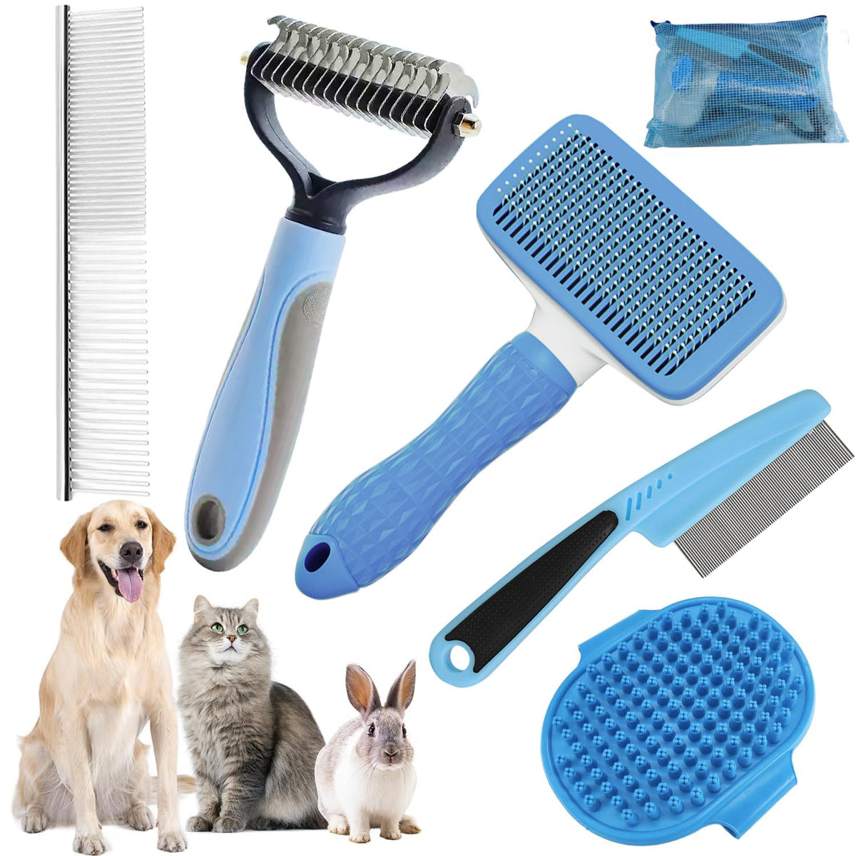 Dog Brush for Shedding,6 PCS in One Pet Slicker Hair Brush Kit Organizer Bag - Dog Cat Grooming Deshedding Undercoat Rake Brush Comb for All Small Large Dogs Cats Grey