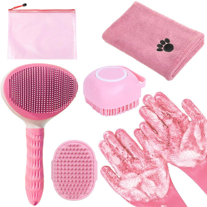 Dog Brush for Shedding,6 PCS in One Pet Slicker Hair Brush Kit Organizer Bag - Dog Cat Grooming Deshedding Undercoat Rake Brush Comb for All Small Large Dogs Cats Grey
