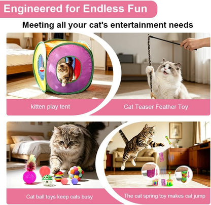 Retro Shaw 33Pcs Cat Toys Pack for Indoor Cats Kitten, with Cube Tunnel