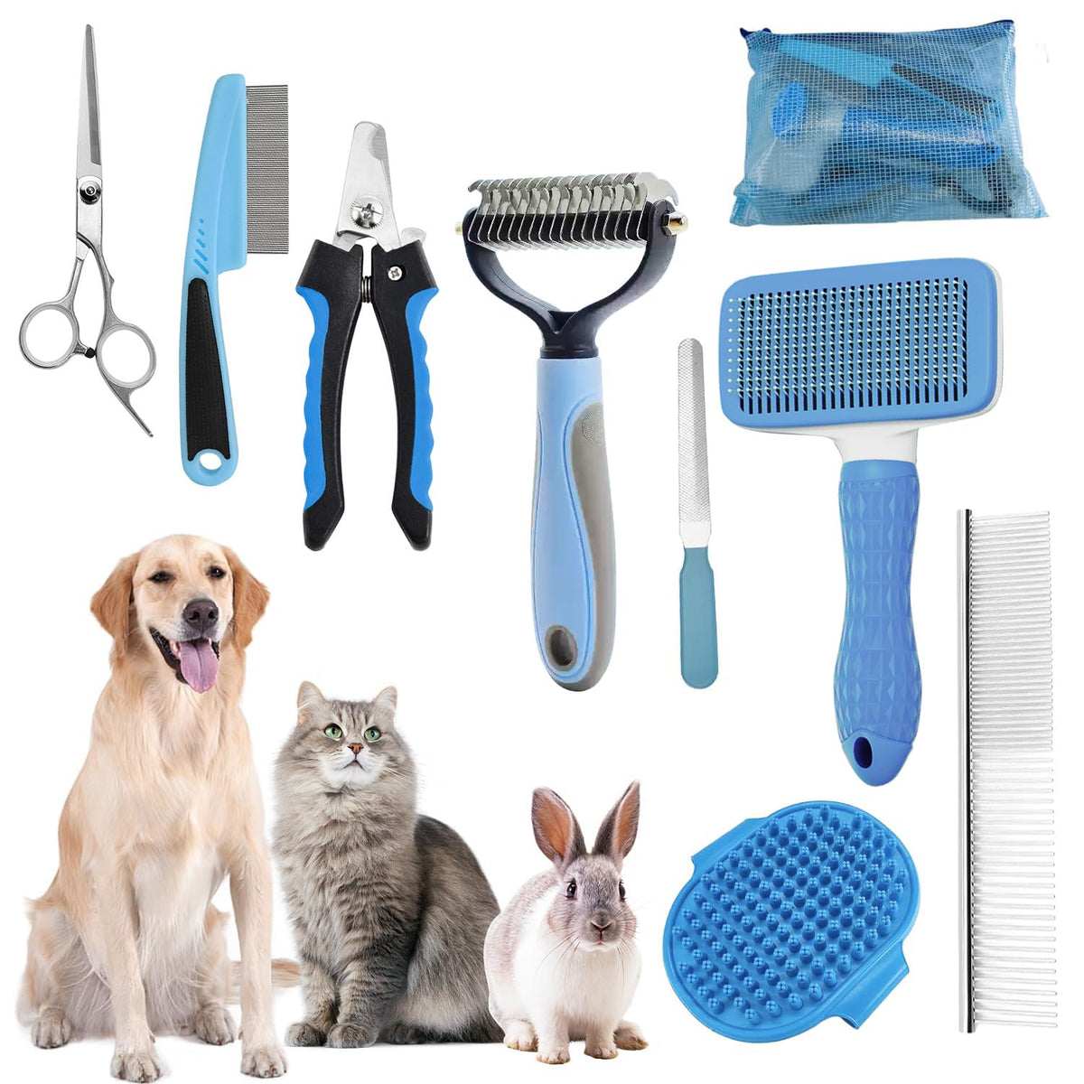 Dog Brush for Shedding,6 PCS in One Pet Slicker Hair Brush Kit Organizer Bag - Dog Cat Grooming Deshedding Undercoat Rake Brush Comb for All Small Large Dogs Cats Grey