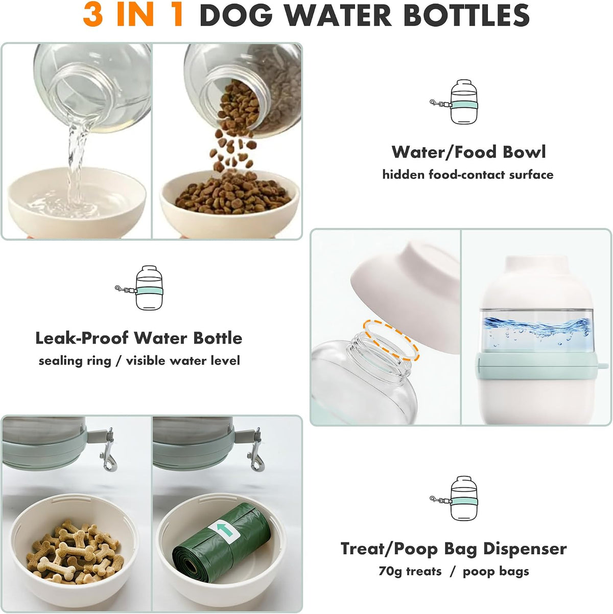 3 in 1 Dog Water Bottle with Crossbody Strap, Portable Dog Travel Water Bottle with Treat & Poop Bag Dispenser for Small Dogs Walking Hiking(Off-White)