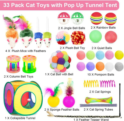 Retro Shaw 33Pcs Cat Toys Pack for Indoor Cats Kitten, with Cube Tunnel