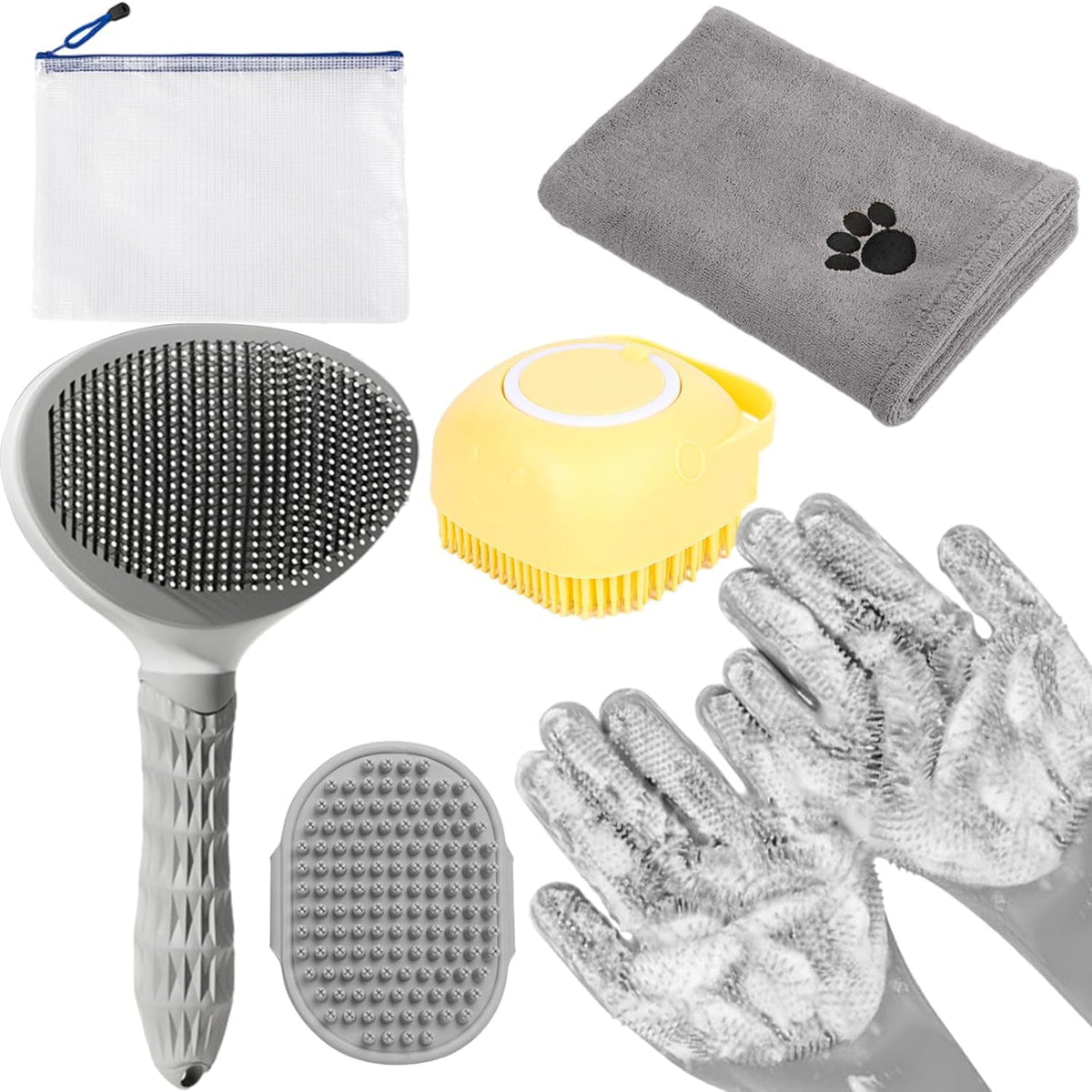 Dog Brush for Shedding,6 PCS in One Pet Slicker Hair Brush Kit Organizer Bag - Dog Cat Grooming Deshedding Undercoat Rake Brush Comb for All Small Large Dogs Cats Grey