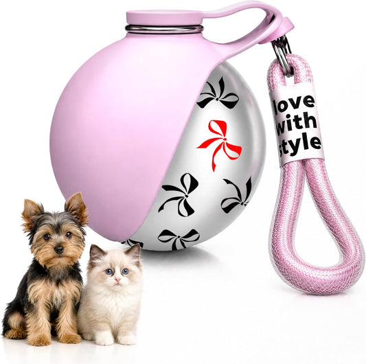 Portable Dog Water Bottle for Walking, 10oz Stainless Steel Pet Water Dispenser with Foldable Silicone Bowl, Leak-Proof Puppy Water Bottle for Small Dogs&Cats,Travel Hiking Outdoor Use(Pink Bow Print)