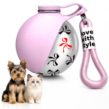 Portable Dog Water Bottle for Walking, 10oz Stainless Steel Pet Water Dispenser with Foldable Silicone Bowl, Leak-Proof Puppy Water Bottle for Small Dogs&Cats,Travel Hiking Outdoor Use(Pink Bow Print)
