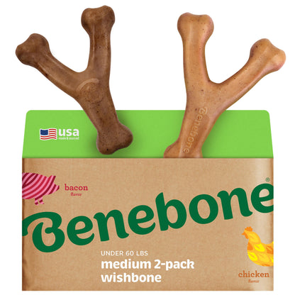Benebone Wishbone Dog Chew Toy for Aggressive Chewers, Real Bacon, Medium