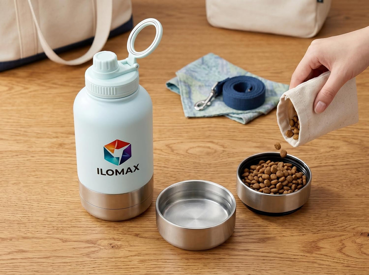ILOMAX 3-in-1 Stainless Steel Dog Travel Water Bottle with Food & Water Bowls, Leak-Proof & Insulated, Extra Magnetic Lid, Keeps Drinks Cold 12H/Hot 6H, Portable Outdoor Hydration, 32oz (Bluish White)