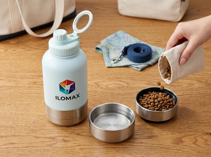 ILOMAX 3-in-1 Stainless Steel Dog Travel Water Bottle with Food & Water Bowls, Leak-Proof & Insulated, Extra Magnetic Lid, Keeps Drinks Cold 12H/Hot 6H, Portable Outdoor Hydration, 32oz (Bluish White)