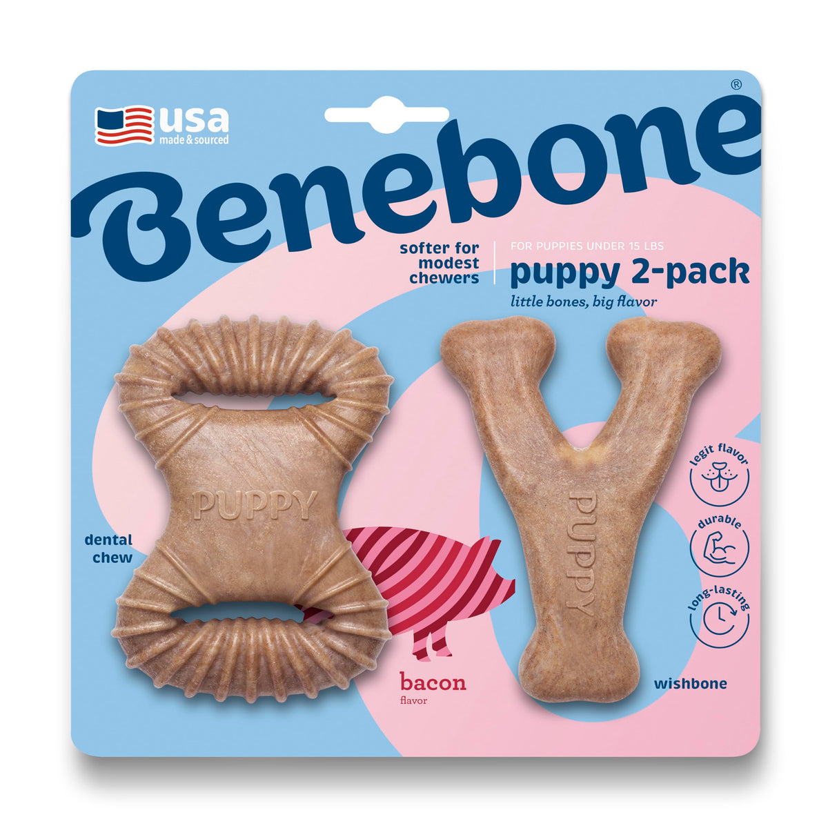 Benebone Puppy 2-Pack Dental Chew/Wishbone Dog Chew Toys, Real Bacon