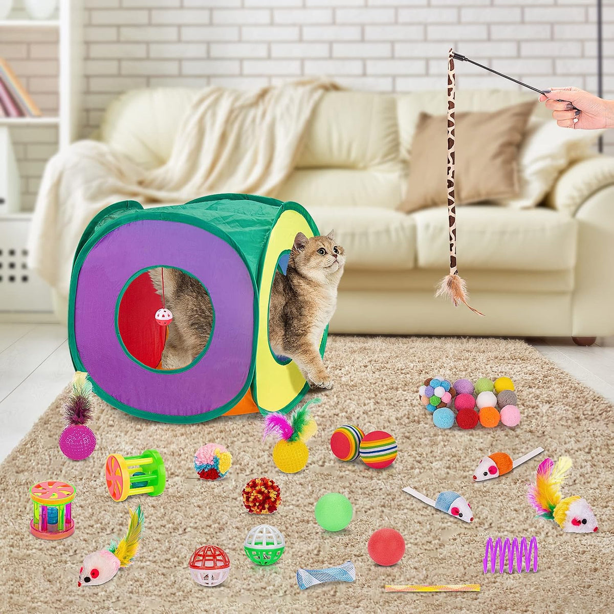 Retro Shaw 33Pcs Cat Toys Pack for Indoor Cats Kitten, with Cube Tunnel
