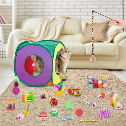 Retro Shaw 33Pcs Cat Toys Pack for Indoor Cats Kitten, with Cube Tunnel