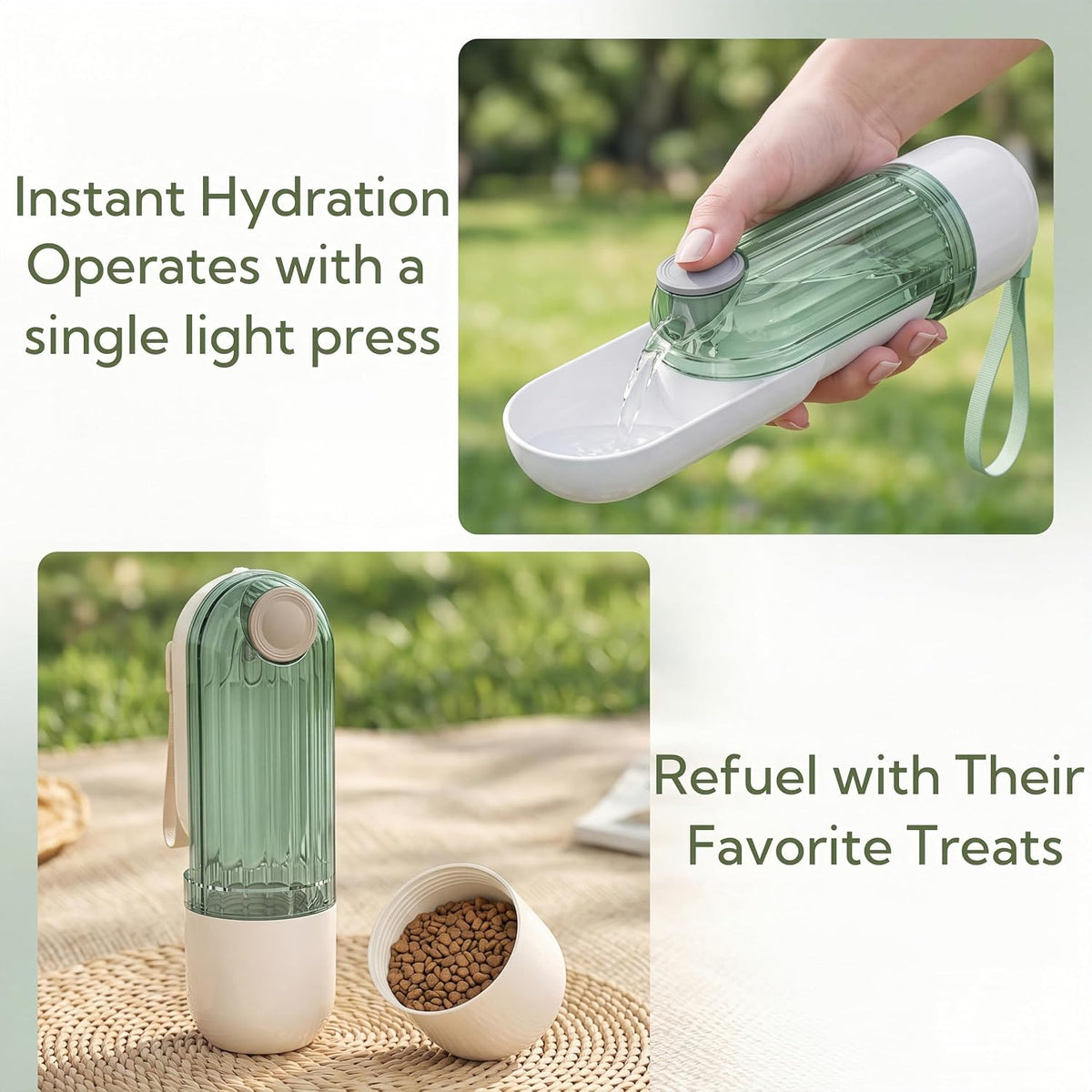 Portable Dog Water Bottle with Food Container, 2-in-1 Pet Water Dispenser & Travel Bowl, Leak-Proof Puppy Water Bottle for Small Dogs & Cats, Perfect for Walking, Hiking, Dog Mom Gifts (Beige)