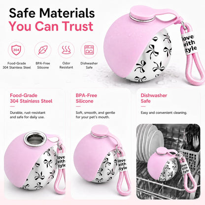 Portable Dog Water Bottle for Walking, 10oz Stainless Steel Pet Water Dispenser with Foldable Silicone Bowl, Leak-Proof Puppy Water Bottle for Small Dogs&Cats,Travel Hiking Outdoor Use(Pink Bow Print)