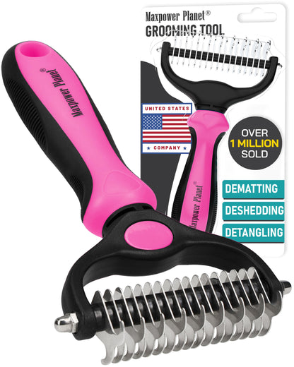 Maxpower Planet Pet Grooming Brush - Double Sided, Extra Wide for Dogs and Cats - Dematting Undercoat Rake, Reduces Shedding by 95%, Purple