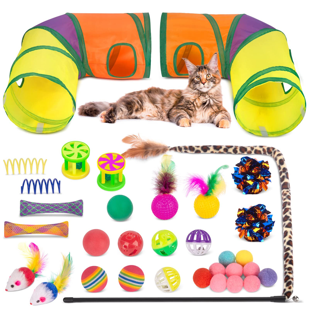 Retro Shaw 33Pcs Cat Toys Pack for Indoor Cats Kitten, with Cube Tunnel
