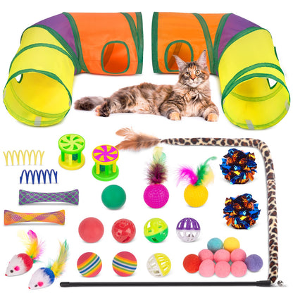 Retro Shaw 33Pcs Cat Toys Pack for Indoor Cats Kitten, with Cube Tunnel
