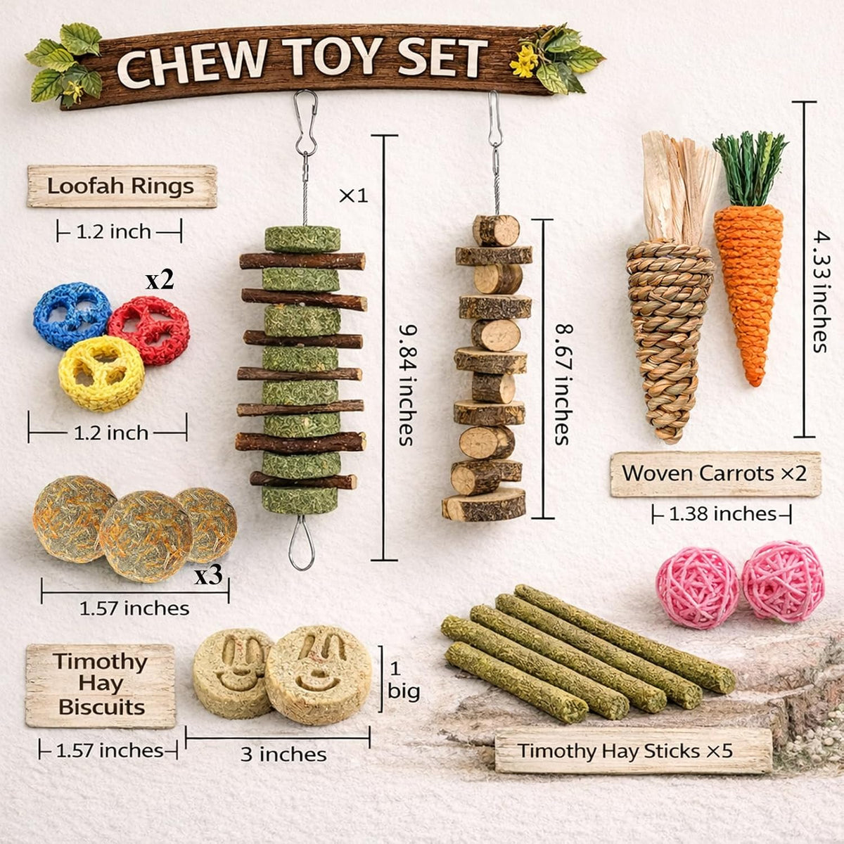 Grddaef 20 PCS Bunny Chew Toys for Teeth, Natural Rabbit Toys Apple Wood Grass Timothy Sticks Chew and Treat for Guinea Pigs Hamster Chinchillas