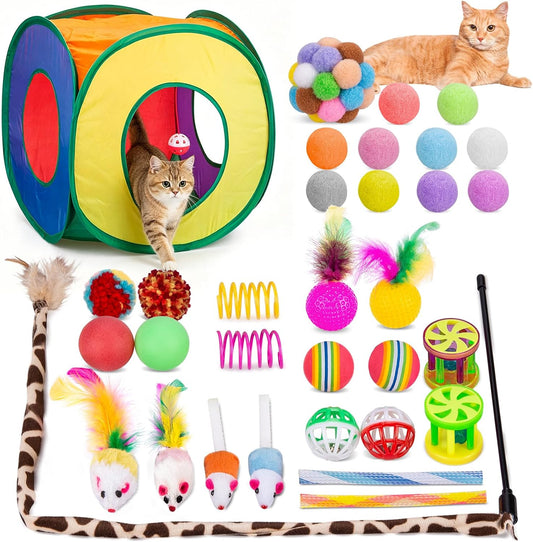 Retro Shaw 33Pcs Cat Toys Pack for Indoor Cats Kitten, with Cube Tunnel