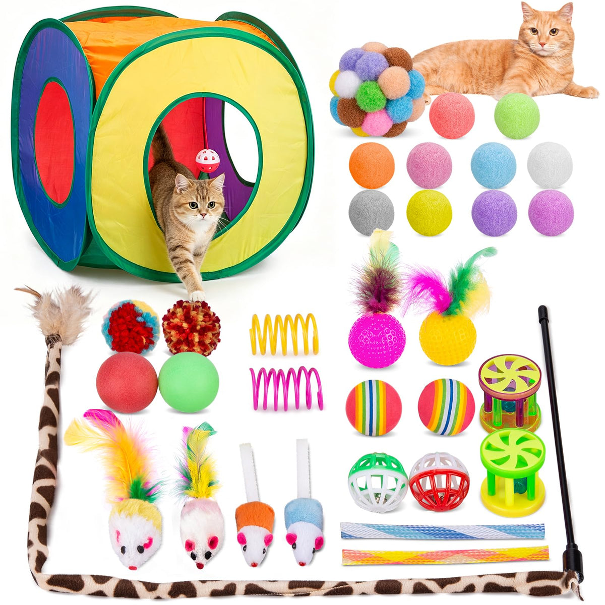 Retro Shaw 33Pcs Cat Toys Pack for Indoor Cats Kitten, with Cube Tunnel